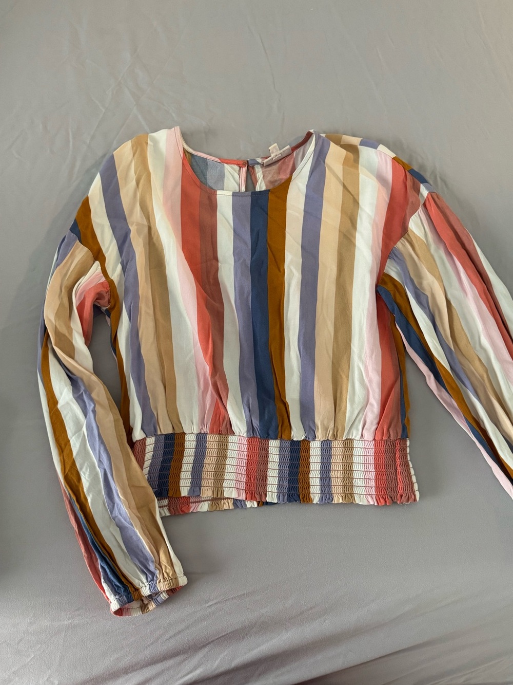 SO Multicolor Vertical Stripe Long Sleeve Top in Pink, Blue, Cream, Brown